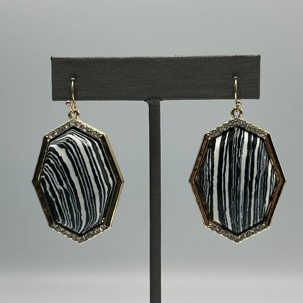 3/$30 Hexagon Drop Earrings Gold Tone Black White Striped Stone Pierced